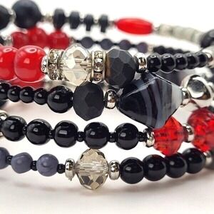Multi-strand Red‎ and Black Glass Beaded Wrap Cuff  Silvertone Wire Bracelet